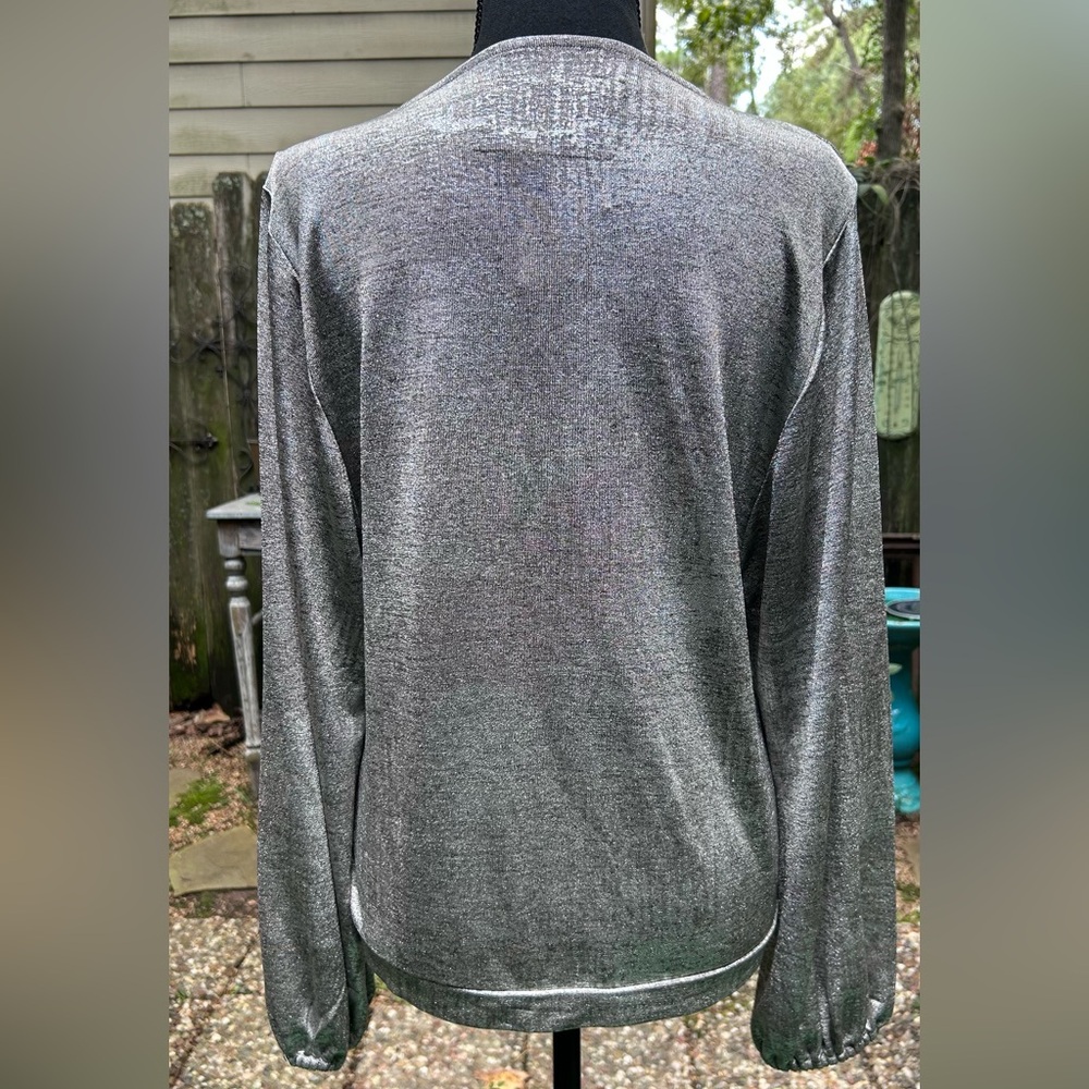 Anthropologie Carys Wrap Top Women’s M Silver Metallic Blouse V-Neckline - Picture 3 of 5